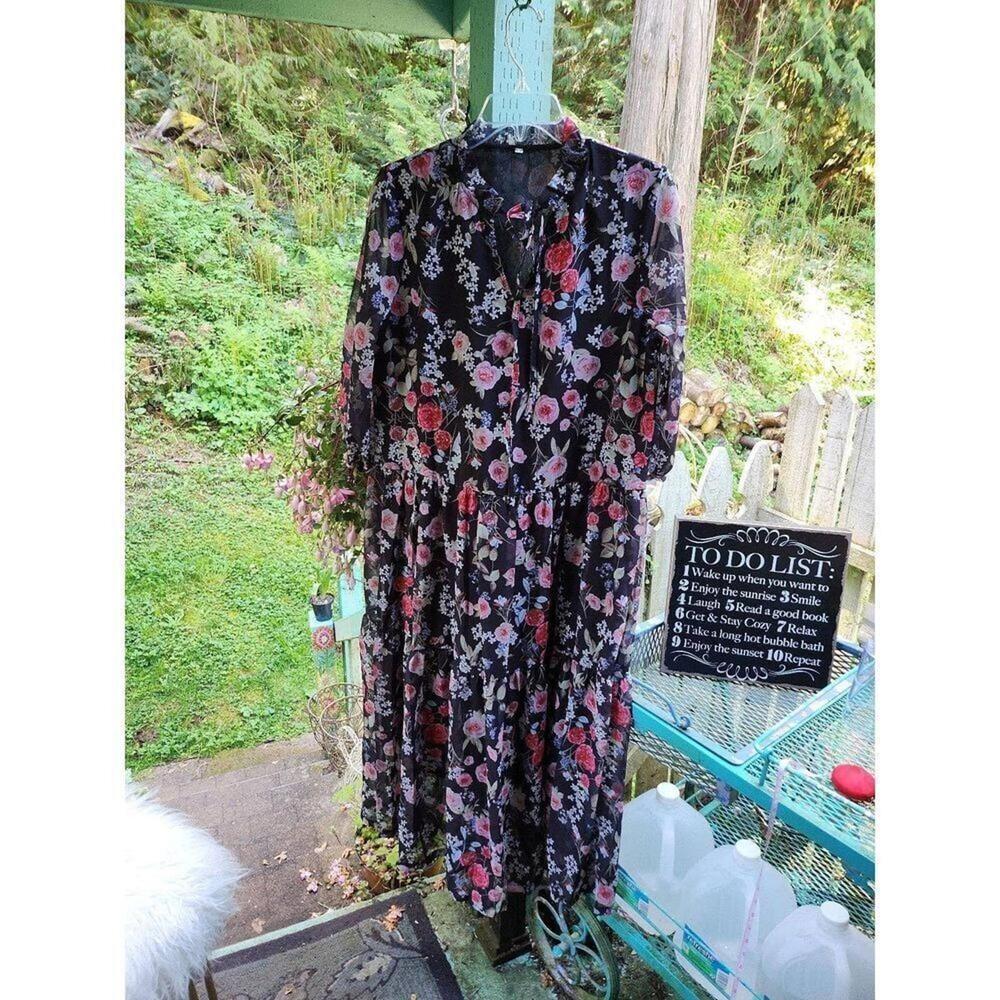 Black Floral Sheer Sleeve Maxi Dress Size M Romantic Garden Style